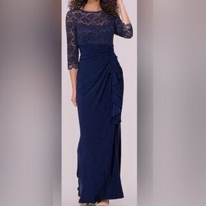 MARINA Navy Blue Matte Jersey & Lace 3/4 Sleeves Floor Length Evening Gown. Sz 8